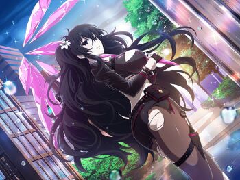 1girl ass belt belt_pouch black_belt black_eyes black_hair blue_sky blush breasts building bush city cloud cloudy_sky cryokinesis day fingerless_gloves flower fubuki_(senran_kagura) gloves hair_between_eyes hair_flower hair_ornament half_gloves holding ice ice_crystal ice_shard kunai large_breasts leaf lens_flare light_particles lily_(flower) long_hair long_sleeves looking_at_viewer looking_back median_furrow official_alternate_costume official_art outdoors pale_skin pantyhose plant pouch puddle road senran_kagura senran_kagura_new_link skirt sky skyscraper smile solo sparkle standing street studded_belt torn_clothes torn_pantyhose torn_skirt traffic_light tree very_long_hair water water_drop wavy_hair weapon white_flower white_lily wrist_belt yaegashi_nan