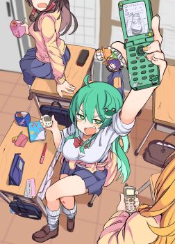 3girls :d ahoge arm_support arm_up bag_charm blonde_hair blue_bag blue_skirt breasts brown_bag brown_shoes cardigan cardigan_around_waist cellphone cellphone_charm chair character_charm charm_(object) classroom clothes_around_waist commentary_request crossed_legs desk fake_eyelashes flip_phone frilled_hair_tubes frills frog_hair_ornament furorina green_eyes green_hair gyaru hair_between_eyes hair_ornament hair_tubes hakurei_reimu highres hijiri_byakuren holding_virtual_pet indoors kirisame_marisa kochiya_sanae kogal large_breasts long_hair long_skirt long_sleeves medium_breasts milk_carton miniskirt moriya_suwako multiple_girls notebook on_chair on_desk open_mouth pencil_case phone pleated_skirt school_chair school_desk school_uniform shirt shoes sitting skirt sleeves_rolled_up sliding_doors smile socks star-shaped_pupils star_(symbol) symbol-shaped_pupils tamagotchi_(virtual_pet) tile_floor tiles touhou very_long_hair virtual_pet_(toy) white_shirt white_socks yellow_cardigan