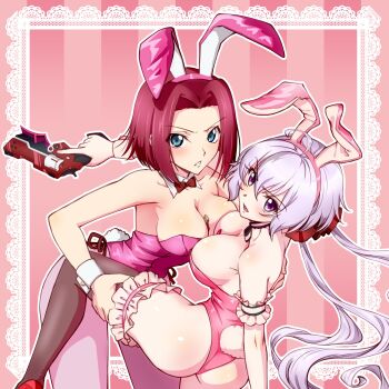 2girls animal_ears ass asymmetrical_docking axia-chan between_breasts blue_eyes bow bowtie breast_press breasts cleavage code_geass crossover fake_animal_ears gun hairband highres holding holding_gun holding_weapon kouzuki_kallen large_breasts long_hair looking_at_viewer medium_hair multiple_girls pink_background playboy_bunny purple_eyes rabbit_ears rabbit_tail red_hair senki_zesshou_symphogear simple_background tail thighhighs twintails very_long_hair weapon white_hair yukine_chris yuri
