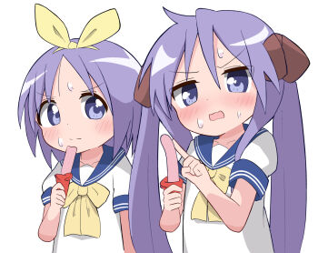 2girls black_bow blue_eyes blue_sailor_collar blush bow candy candy_bar food hair_bow hiiragi_kagami hiiragi_tsukasa long_hair looking_at_another lucky_star multiple_girls psnt_8010 purple_hair ribbon ryouou_school_uniform sailor_collar school_uniform short_hair siblings sisters sweat twins twintails white_background yellow_bow yellow_ribbon