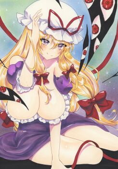 1girl absurdres bare_shoulders blonde_hair blush breasts cleavage collarbone commentary_request dress frills gap_(touhou) gradient_background hair_ribbon hand_on_headwear hat highres large_breasts long_hair looking_at_viewer mob_cap off-shoulder_dress off_shoulder purple_dress purple_eyes ribbon sagging_breasts smile solo thighs touhou traditional_media yakumo_yukari yamiichif