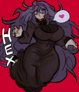 1girl @_@ absurdres alternate_breast_size_(larger) big_hair black_dress breasts closed_mouth commentary curvy double-parted_bangs dress full_body hair_between_eyes hairband heart hex_maniac_(pokemon) hex_maniac_(pokemon_xy) highres huge_breasts long_dress long_hair long_sleeves looking_at_viewer messy_hair nintendo pokemon pokemon_xy purple_eyes purple_hair purple_hairband red_background simple_background smile solo speech_bubble spoken_heart taut_clothes taut_dress very_long_hair wavy_mouth wide_hips widisu