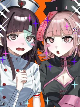 2girls black_hair black_hat breasts brown_hair cleavage clenched_hand danganronpa_(series) danganronpa_2:_goodbye_despair hand_up hat heart heart_print highres large_breasts long_hair long_sleeves multiple_girls nanami_chiaki nurse nurse_cap pink_eyes red_background simple_background stitched_face stitches tarutaru428 tsumiki_mikan zombie