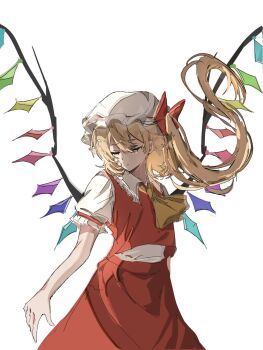 1girl ascot blonde_hair closed_eyes crystal crystal_wings ebuna facing_viewer flandre_scarlet hat highres mob_cap multicolored_wings one_side_up puffy_short_sleeves puffy_sleeves red_skirt red_vest short_sleeves simple_background skirt skirt_set solo touhou vest white_background white_hat wings yellow_ascot