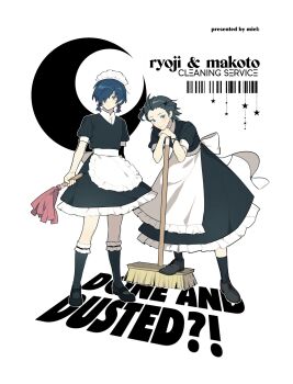 2boys apron back_bow barcode black_dress black_footwear black_hair black_socks blue_eyes blue_hair bow character_name collar commentary crescent_moon crossdressing crossdressing_(mtf) dark_blue_hair dress duster english_text feather_duster frilled_apron frilled_dress frills grey_eyes hair_over_one_eye hair_slicked_back hair_tie hashtag-only_commentary highres lace-trimmed_socks lace_trim looking_at_viewer looking_to_the_side maid maid_apron maid_headdress male_focus male_maid mmielka mochizuki_ryouji mole mole_under_eye moon mop multiple_boys one_eye_covered persona persona_3 short_sleeves short_twintails socks star_(symbol) twintails white_background white_bow white_collar yuuki_makoto_(persona_3)