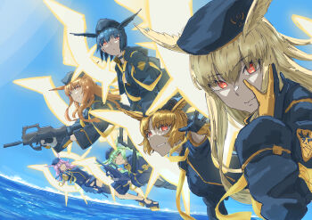 6+girls beret black_gloves black_hair black_hat black_jacket black_one-piece_swimsuit black_ribbon blonde_hair blue_sky braid breasts choker cleavage cleavage_cutout clothing_cutout energy_wings fate/grand_order fate_(series) geirskogul_(fate) gloves green_hair gun hair_ribbon hat head_wings highres hildr_(fate) hildr_(swimsuit_assassin)_(fate) hood hooded_jacket jacket large_breasts long_hair long_sleeves looking_at_viewer multiple_girls ocean olrun_(fate) one-piece_swimsuit open_clothes open_jacket orange_hair ortlinde_(fate) ortlinde_(swimsuit_assassin)_(fate) pink_hair red_eyes ribbon rindr_(fate) short_hair sidelocks sky smile swimsuit thrud_(fate) thrud_(swimsuit_assassin)_(fate) twintails valkyrie_(fate) weapon wings zakio