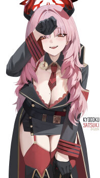 1girl absurdres black_coat black_gloves black_skirt blue_archive blush boots bra bra_peek breasts character_name cleavage coat coin coin_on_string commentary dated demon_girl demon_horns gloves halo hand_on_own_thigh hand_up highres holding holding_pendulum holed_coin horns hypnotizing_viewer large_breasts leaning_forward long_hair long_sleeves looking_at_viewer miniskirt mole mole_on_breast multicolored_coat necktie open_clothes open_coat open_mouth orange_eyes pelvic_curtain pendulum pink_hair red_bra red_coat red_garter_straps red_halo red_horns red_necktie red_thighhighs satsuki_(blue_archive) simple_background skindentation skirt slit_pupils smile solo thigh_boots thighhighs thighhighs_under_boots thighs ttt_(5274293) two-tone_coat underwear white_background