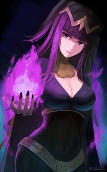 Rule 34 | 1girl, black cape, black hair, black nails, blue eyes, blunt bangs, bodystocking, breasts, bridal gauntlets, cape, cleavage, commentary request, covered navel, fire, fire emblem, fire emblem awakening, highres, jewelry, labebebe lee, large breasts, long hair, looking at viewer, magic, medium breasts, nail polish, nintendo, parted lips, purple fire, solo, tharja (fire emblem), tiara, two side up