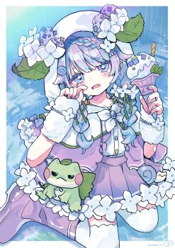 1girl absurdres blue_eyes blush boots border bow bowtie braid capelet commentary_request fang flower food frog full_body highres holding holding_food holding_ice_cream hood hood_up hooded_capelet hydrangea ice_cream kneeling long_hair looking_at_viewer necoyu_(yuyudomino) open_mouth original outside_border over-kneehighs pleated_skirt purple_boots purple_hair purple_skirt rain shirt signature skin_fang skirt solo thighhighs twin_braids water white_border white_bow white_bowtie white_capelet white_shirt white_thighhighs