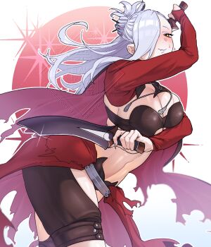 1girl absurdres blue_lips blush breasts bridal_gauntlets cape chloe_von_einzbern chloe_von_einzbern_(archer_install) chloe_von_einzbern_(archer_install)_(cosplay) cleavage cosplay eyeliner fate/grand_order fate/kaleid_liner_prisma_illya fate_(series) hair_bun hair_ornament hair_over_one_eye hairpin half_updo highres hiyayaako kanshou_&amp;_bakuya_(fate) large_breasts long_hair long_sleeves looking_at_viewer makeup mrs._snake_(fate) navel red_cape red_shrug showgirl_skirt shrug_(clothing) smile solo sword thighs weapon white_hair yellow_eyes