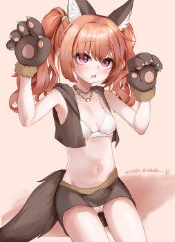 1girl :o absurdres animal_ear_fluff animal_ears animal_hands artist_name blush bra breasts breasts_apart brown_gloves brown_skirt brown_vest chain chain_necklace collarbone commentary cowboy_shot eyes_visible_through_hair fake_animal_ears fake_tail fur-trimmed_gloves fur_trim gloves haha_itsmela hair_between_eyes halloween_costume hands_up highres inaba_meguru jewelry long_hair looking_at_viewer miniskirt navel necklace official_alternate_costume official_alternate_hairstyle open_clothes open_mouth open_vest orange_hair panties paw_gloves paw_print pink_background red_eyes sanoba_witch simple_background sitting skirt small_breasts solo stomach tail twintails twitter_username underwear upturned_eyes vest wavy_hair werewolf_costume white_bra white_panties wolf_ears wolf_tail