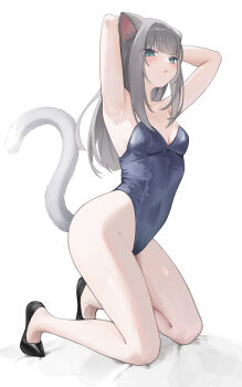 1girl absurdres animal_ears bare_legs black_leotard black_shoes blue_eyes cat_ears cat_tail commentary_request covered_navel grey_hair highleg highleg_leotard highres indie_virtual_youtuber kittysuit kneeling leotard long_hair nachoneko nontraditional_playboy_bunny shoes simple_background solo tail virtual_youtuber vrmm8824 white_background