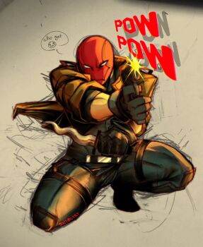 1boy bat_signal batman_(series) batman_symbol black_bodysuit black_gloves bodysuit brown_jacket dc_comics dual_wielding gloves grey_bodysuit gun holding holding_gun holding_knife holding_weapon jacket jason_todd knife male_focus mask multicolored_bodysuit muscular muscular_male open_clothes pants red_hood_(dc) red_hood_and_the_outlaws red_mask superhero_costume swtmctrt taut_bodysuit two-tone_bodysuit weapon western_comics_(style)