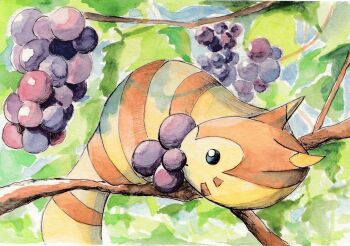 Rule 34 | 1other, absurdres, black eyes, commentary request, foliage, food, fruit, furret, gen 2 pokemon, grapes, highres, holding, holding food, holding fruit, ivasama kaeru, nintendo, no humans, on branch, pokemon, pokemon (creature), solo, striped fur