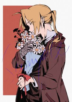 1boy ahoge blonde_hair border bouquet brown_background brown_coat closed_eyes coat edward_elric flower fullmetal_alchemist highres holding holding_bouquet long_hair male_focus mechanical_arms parted_bangs ponytail sample_watermark shirt single_mechanical_arm smile solo upper_body watermark white_border white_shirt yeknnnnn