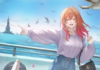 1girl :d ahoge alternate_costume aran_sweater bag bird blue_skirt blue_sky boat cable_knit commentary_request crossed_bangs day denim denim_skirt dhbwinner earrings gradient_hair hair_between_eyes hair_ornament hairclip hand_up handbag highres hololive hololive_dev_is hoop_earrings ichijou_ririka jewelry long_hair long_sleeves looking_at_viewer multicolored_hair ocean on_boat open_mouth orange_eyes orange_hair outdoors outstretched_arm parallel_hairclips pink_hair pointing skirt sky smile solo statue_of_liberty sweater sweater_tucked_in virtual_youtuber watercraft white_sweater