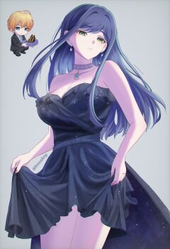 1boy 1girl bare_shoulders black_suit blue_eyes blue_hair breasts closed_mouth commentary dress formal_clothes highres hoshino_aquamarine jacket kurokawa_akane long_hair long_sleeves looking_at_viewer multicolored_hair necktie oshi_no_ko pant_suit pants rooks_(booship) shirt short_hair sleeveless sleeveless_dress suit suit_jacket symbol-only_commentary test_me_(oshi_no_ko) white_shirt