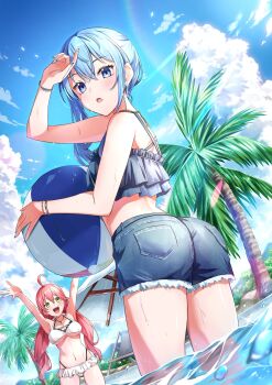2girls :d :o ahoge arm_up arms_up ass ball beach beachball bikini bikini_skirt blue_eyes blue_hair blue_nails blue_sky bracelet breasts cleavage cloud crop_top day denim denim_shorts frilled_shirt frills green_eyes highres holding holding_ball hololive hoshimachi_suisei jewelry large_breasts long_hair looking_at_viewer low_twintails multiple_girls navel open_hands open_mouth outdoors palm_tree pendant pink_hair sakura_miko shirt short_shorts shorts side_ponytail sky smile star_(symbol) star_in_eye stomach swimsuit symbol_in_eye tatsuki_ina thighs tree twintails very_long_hair wading water wet white_bikini