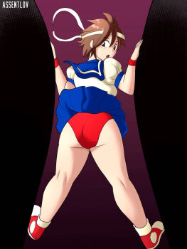 Rule 34 | 1girl, ass, assentlov, blush, brown hair, capcom, dress, from behind, gloves, headband, hole, kasugano sakura, legs, looking back, panties, red panties, sailor dress, street fighter, street fighter zero, street fighter zero (series), underwear, upskirt