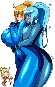 2girls blonde_hair breasts dark_samus huge_breasts long_hair metroid multiple_girls nintendo samus_aran snowman yuri zero_suit