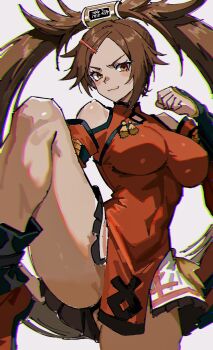 Rule 34 | 1girl, bare shoulders, breasts, brown eyes, brown hair, china dress, chinese clothes, commentary request, covered navel, detached sleeves, dress, guilty gear, hair ornament, hair rings, hairclip, highres, kuradoberi jam, large breasts, leg up, long hair, nougoku uni, skirt, smile, solo, thick thighs, thighs, very long hair