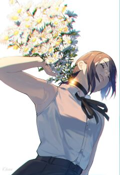 1girl armpits artist_name bare_arms bare_shoulders black_choker black_ribbon black_shorts bouquet breasts buttons chainsaw_man choker closed_eyes collared_shirt commentary english_commentary flower from_below gerbera grenade_pin hair_bun highres holding holding_bouquet kikaia medium_breasts neck_ribbon parted_lips purple_hair reze_(chainsaw_man) ribbon shirt shorts sleeveless sleeveless_shirt solo sparks updo upper_body white_background white_flower white_shirt