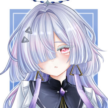 1girl absurdres blue_background border commentary_request hair_intakes hair_ornament highres long_hair looking_at_viewer mornye_(wuthering_waves) parted_lips portrait red_eyes red_pupils seno_(snllian) solo white_border wuthering_waves