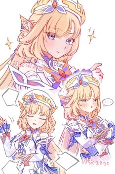 ... 1girl :t bare_shoulders beret blonde_hair blue_eyes blush closed_eyes closed_mouth commentary_request cross-shaped_pupils detached_sleeves dress facial_mark forehead_mark frilled_sleeves frills genshin_impact hat highres long_hair long_sleeves looking_at_viewer mican_modokanai multiple_views nicole_reeyn open_mouth pointy_ears pout simple_background smile spoken_ellipsis symbol-shaped_pupils upper_body white_background white_dress white_hat white_sleeves