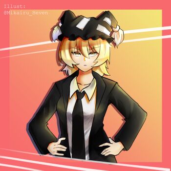 Rule 34 | 1girl, advent cirno, alternate costume, black hat, black jacket, black necktie, blonde hair, collarbone, collared shirt, commentary, commission, english commentary, formal clothes, gradient background, hair between eyes, hands on own hips, hat, jacket, long sleeves, looking at viewer, mikairu heven, mob cap, necktie, orange background, original, shirt, short hair, solo, suit, touhou, twitter username, upper body, v-shaped eyebrows, white shirt, yakumo ran, yellow eyes