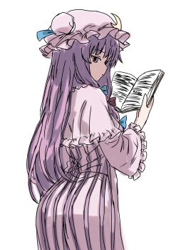 1girl ass book dress expressionless highres kametoyou looking_at_viewer looking_back patchouli_knowledge purple_eyes purple_hair tagme touhou