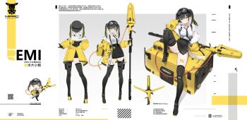 1girl absurdres arrow_(symbol) artist_name bandaid bandaid_on_leg belt black_belt black_boots black_gloves black_hair black_necktie black_skirt blonde_hair boots box breast_pocket breasts cable chibi chibi_inset chinese_text closed_mouth coat collared_shirt colored_inner_hair commentary crossed_bandaids dress_shirt ear_piercing english_text full_body gloves goggles goggles_on_head hand_on_own_hip henzer high-waist_skirt highres holding holding_polearm holding_weapon id_card large_breasts leg_tattoo light_blush long_sleeves looking_at_viewer loose_necktie multicolored_hair multiple_views necktie off_shoulder open_clothes open_coat original panties pantyshot pencil_skirt piercing pocket polearm police pouch qr_code reference_sheet shirt sitting skirt standing suspender_skirt suspenders tattoo thigh_boots thigh_pouch thigh_strap turnaround twintails two-tone_hair underwear weapon white_panties white_shirt yellow_coat yellow_eyes