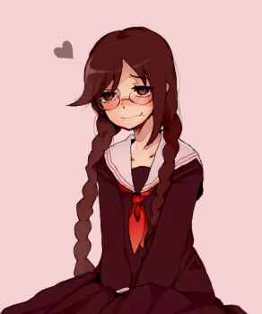 1girl blush braid brown_eyes brown_hair closed_mouth collared_shirt commentary_request danganronpa:_trigger_happy_havoc danganronpa_(series) eyelashes fukawa_toko glasses heart kinmuginomuyo long_hair long_sleeves mole mole_under_mouth neckerchief nose_blush pink_background purple_serafuku purple_shirt purple_skirt red_neckerchief sailor_collar school_uniform serafuku shirt simple_background sitting skirt skirt_set smile solo twin_braids twintails wavy_mouth white_sailor_collar