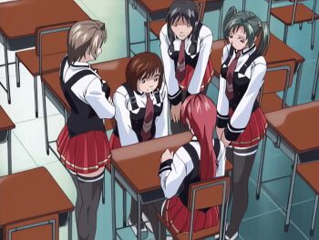 00s 2002 5girls animated animated_gif ass bible_black bible_black_gaiden black_hair black_thighhighs bow bowtie braid braided_twintails breasts brown_hair chair chubby_body chubby_cheeks classroom desk freckles green_hair hairband large_breasts long_hair medium_breasts miniskirt morita_rie multiple_girls necktie red_hair red_skirt school school_chair school_desk school_uniform shido_saki shirt shirts short_hair skirt tagme takashiro_hiroko thick_eyebrows thighhighs tongue tongue_out twintails white_shirt