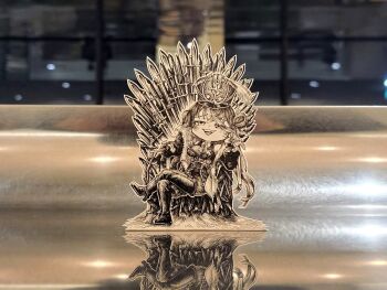 Rule 34 | 1girl, a song of ice and fire, boots, coat, crossed legs, game of thrones, greyscale, hair over one eye, hat, highres, hololive, houshou marine, iron throne, jqhnharqld, long hair, monochrome, paper child, reflection, thigh boots, unconventional media, virtual youtuber