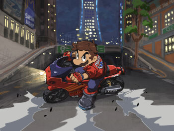 1boy akira_slide black_boots blue_pants boots brown_hair building clothing_cutout denim facial_hair fingerless_gloves glove_cutout gloves highres jacket jeans kaneda_shoutarou's_bike male_focus mario mario_(series) mario_(touring) mario_kart mario_kart_world motor_vehicle motorcycle mustache nintendo official_alternate_costume on_motorcycle outdoors overpass pants red_gloves red_jacket short_hair solo tree yamari_(ya_mari_6363)