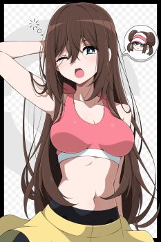 1girl absurdres bare_shoulders black_pantyhose blue_eyes blush breasts brown_hair cleavage closed_mouth collarbone commentary_request donut_hair_bun double_bun hair_bun hair_down highres large_breasts long_hair looking_at_viewer midriff navel nintendo one_eye_closed open_mouth pantyhose pantyhose_under_shorts pink_sports_bra pokemon pokemon_bw2 rosa_(pokemon) shabana_may shorts smile speech_bubble sports_bra twintails very_long_hair visor_cap yellow_shorts
