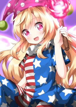 Rule 34 | 1girl, :d, american flag, american flag legwear, american flag print, american flag shirt, blonde hair, blue pants, blue shirt, blue sleeves, blush, breasts, clownpiece, commentary request, fairy wings, fire, flag print, hair between eyes, hand up, hat, highres, jester cap, long hair, looking at viewer, medium breasts, multicolored pants, multicolored shirt, one-hour drawing challenge, open mouth, pants, pink eyes, pink fire, pink hat, polka dot, print shirt, purple background, red pants, red shirt, red sleeves, ruu (tksymkw), shirt, short sleeves, simple background, sitting, smile, solo, star (symbol), star print, striped clothes, striped pants, striped shirt, torch, touhou, white pants, white shirt, wings
