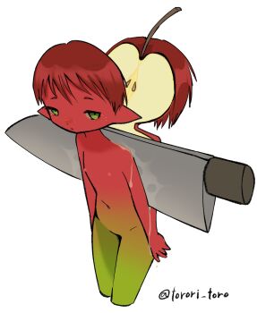 1other androgynous apple artist_name bisected cutting food fruit green_eyes highres knife looking_at_viewer navel nude original pointy_ears red_hair seed short_hair simple_background solo split torori_toro_(oimo_kenpi) white_background