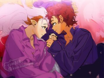 2girls amity_blight black_nails blush brown_hair couple dark-skinned_female dark_skin eye_contact eyebrow_cut holding_hands kuma20151225 long_hair looking_at_another luz_noceda multiple_girls open_collar pink_hair pointy_ears short_hair the_owl_house yuri