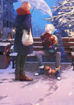 2boys absurdres antenna_hair bare_tree black_coat blonde_hair blue_hoodie blue_scarf blue_shoes bouquet brown_shoes cat closed_eyes coat commentary_request flower fur-trimmed_coat fur_trim gradient_hair highres holding holding_bouquet holding_leash holding_umbrella honkai:_star_rail honkai_(series) hood hood_down hoodie kurodrozd leash male_focus medium_hair multicolored_hair multiple_boys mydei_(honkai:_star_rail) parted_bangs phainon_(honkai:_star_rail) red_hair red_scarf scarf shoes short_hair snowing tears transparent transparent_umbrella tree umbrella white_hair winter_clothes winter_coat yaoi