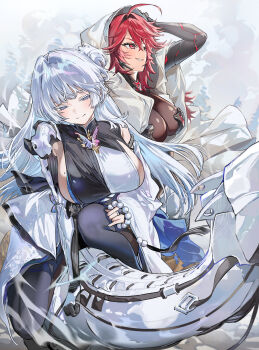 2girls absurdres ahoge blush breasts cleavage commentary goddess_of_victory:_nikke grey_eyes grin hair_intakes highres hood hood_up large_breasts mechanical_arms mole mole_on_breast multiple_girls nayuta_(nikke) nihilister_(nikke) red_eyes red_hair seeshin_see single_mechanical_arm smile white_hair