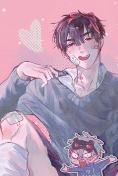 Rule 34 | 2boys, alien stage, bandaid, bandaid on face, bandaid on neck, black eyes, black hair, black mask, chimfucius, collared shirt, commentary, english commentary, fang, gauze, gauze on cheek, gauze on knee, grey hair, grey sweater, hair ornament, hairclip, heart, ivan (alien stage), male focus, mask, mask on head, multiple boys, official alternate costume, pink background, pink ribbon, ribbon, shirt, solo focus, sweater, till (alien stage), tongue, tongue out, white shirt