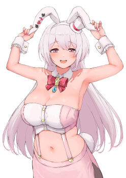 1girl :d absurdres adjusting_clothes adjusting_headwear animal_ear_hairband animal_ears animal_hood aqua_gemstone argyle_bow argyle_bowtie argyle_clothes bare_shoulders blush bow bowtie breasts bustier cleavage club_(shape) cowboy_shot diamond_(shape) fake_animal_ears gem hair_between_eyes hairband hat heart highres hood koutate large_breasts long_hair looking_at_viewer mini_hat mini_top_hat navel nijisanji open_mouth pantyhose pencil_skirt pink_bustier pink_eyes pink_hair pink_nails playing_card_theme rabbit_ear_hairband rabbit_ears red_bow red_bowtie red_ribbon ribbon sagging_breasts shiina_yuika shiina_yuika_(12th_costume) side_slit skindentation skirt smile solo spade_(shape) stomach strapless teeth top_hat two-tone_corset upper_teeth_only virtual_youtuber white_hair white_hat white_wrist_cuffs wrist_cuffs