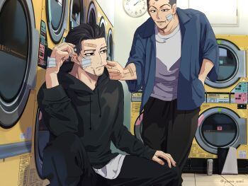 2boys analog_clock bandaid bandaid_on_head black_eyes black_hair black_jacket black_pants cheek_pull clock clothes_dryer facial_hair gauze goatee_stubble golden_kamuy grey_shirt hand_in_pocket highres hood hood_down jacket male_focus monster_energy multiple_boys ogata_hyakunosuke pants shirt short_hair stubble usami_tokishige washiko_(rasuko)