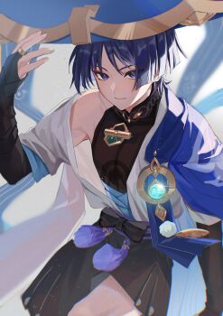 Rule 34 | 1boy, anemo symbol (genshin impact), arm at side, armor, belt, bishounen, black belt, black bodysuit, black bow, black bridal gauntlets, black hair, black shorts, blue cape, blue gemstone, blue hat, blue kimono, blue sleeves, blunt ends, bodysuit, bow, bridal gauntlets, cape, collarbone, commentary request, covered collarbone, eyeliner, eyeshadow, feathers, gem, genshin impact, glint, gold, gold ring, hakama, hakama shorts, hand up, hat, highres, japanese armor, japanese clothes, jingasa, juban, kimono, kote, kurokote, layered sleeves, looking at viewer, makeup, male focus, mandarin collar, middle ring, multicolored hair, oguma 000, open clothes, open hand, open kimono, parted lips, pectorals, pleated shorts, pom pom (clothes), purple eyes, purple rope, purple sash, red eyeliner, red eyeshadow, rope, sash, scaramouche (genshin impact), short sleeves, shorts, single bare shoulder, single off shoulder, solo, streaked hair, tassel, tsurime, wanderer (genshin impact), white hair, white kimono, white mouth, white sleeves, white trim, yellow feathers