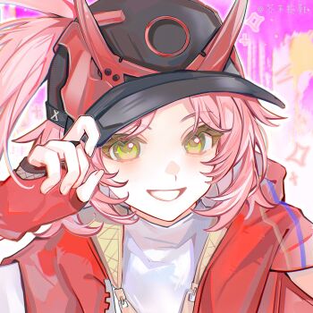 1girl baseball_cap fingerless_gloves gloves green_eyes hand_on_headwear hat highres honkai:_star_rail honkai_(series) horns jacket jiemo_tuoxie looking_at_viewer pink_hair rappa_(honkai:_star_rail) red_gloves red_jacket shirt smile solo upper_body white_shirt