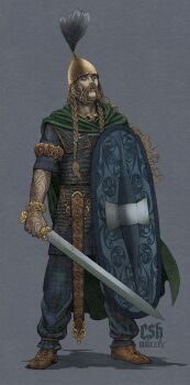 1boy absurdres armlet armor blonde_hair blue_pants bracelet braid brown_shoes cape celtic chain chainmail christian_sloan_hall facial_hair green_cape grey_eyes helmet highres holding holding_shield holding_sword holding_weapon jewelry long_hair looking_up mustache original pants plume scabbard sheath shield shoes short_sleeves solo sword thick_mustache triskelion twin_braids united_kingdom warrior weapon
