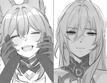 2girls animal_ears baiheng_(honkai:_star_rail) blush closed_eyes detached_collar earrings fangs fox_ears fox_girl gloves greyscale hair_between_eyes hand_on_another&#039;s_face highres honkai:_star_rail honkai_(series) jewelry jingliu_(honkai:_star_rail) jjooeeuumm korean_commentary long_hair monochrome multiple_girls pov single_earring yuri