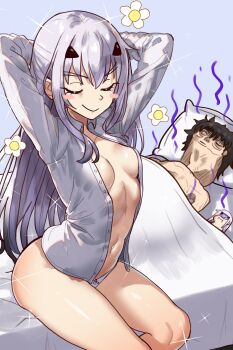 >:) 1girl 2boys absurdres aftersex arched_back arms_behind_head bed black_hair blue_background blush_stickers breasts character_request closed_eyes collared_shirt ebora fate/grand_order fate_(series) flower forked_eyebrows fujimaru_ritsuka_(male) gloom_(expression) guy_tired_after_sex_(meme) highres long_hair melusine_(fate) meme mexico_ufo_alien_bodies_hearing_(meme) mini_person miniboy multiple_boys navel on_bed open_clothes open_shirt panties pillow satisfied shirt short_hair sidelocks simple_background sitting small_breasts smile solo_focus sparkle thighs unbuttoned unbuttoned_shirt under_covers underwear v-shaped_eyebrows white_hair white_shirt