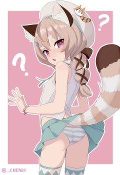 ? absurdres animal_ear_fluff blush border bracelet braid brown_hair chenki_(chenki) commentary english_commentary from_behind from_side green_skirt hair_ribbon hat highres jewelry komachi_panko lifted_by_tail loli looking_at_viewer looking_back miniskirt open_mouth outline panties phase_connect purple_eyes ribbon shirt simple_background skirt sleeveless striped_clothes striped_panties tail_raised tail_under_clothes thigh_gap thighhighs twitter_username underwear virtual_youtuber white_border white_outline white_shirt
